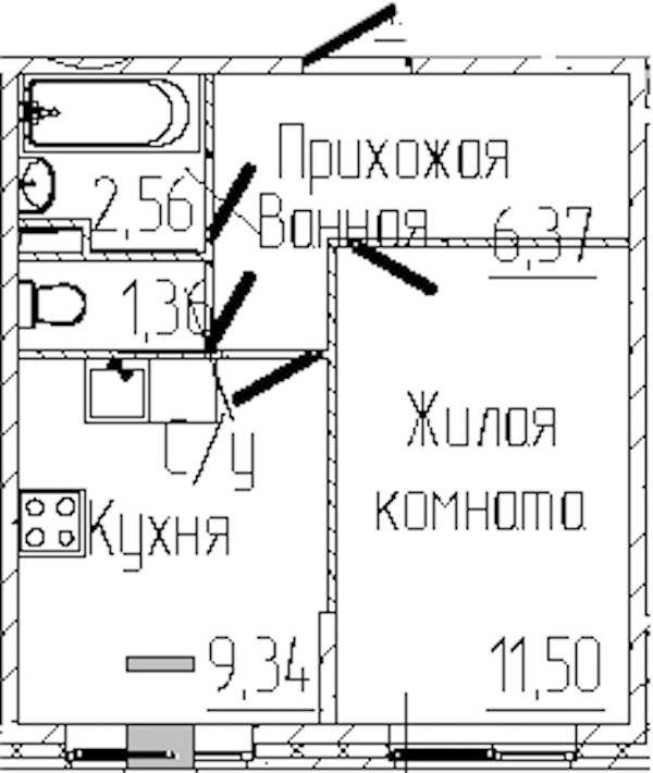 1-комнатная квартира 31.13 м², 1/6 эт., ЖК «SERTOLOVO PARK»